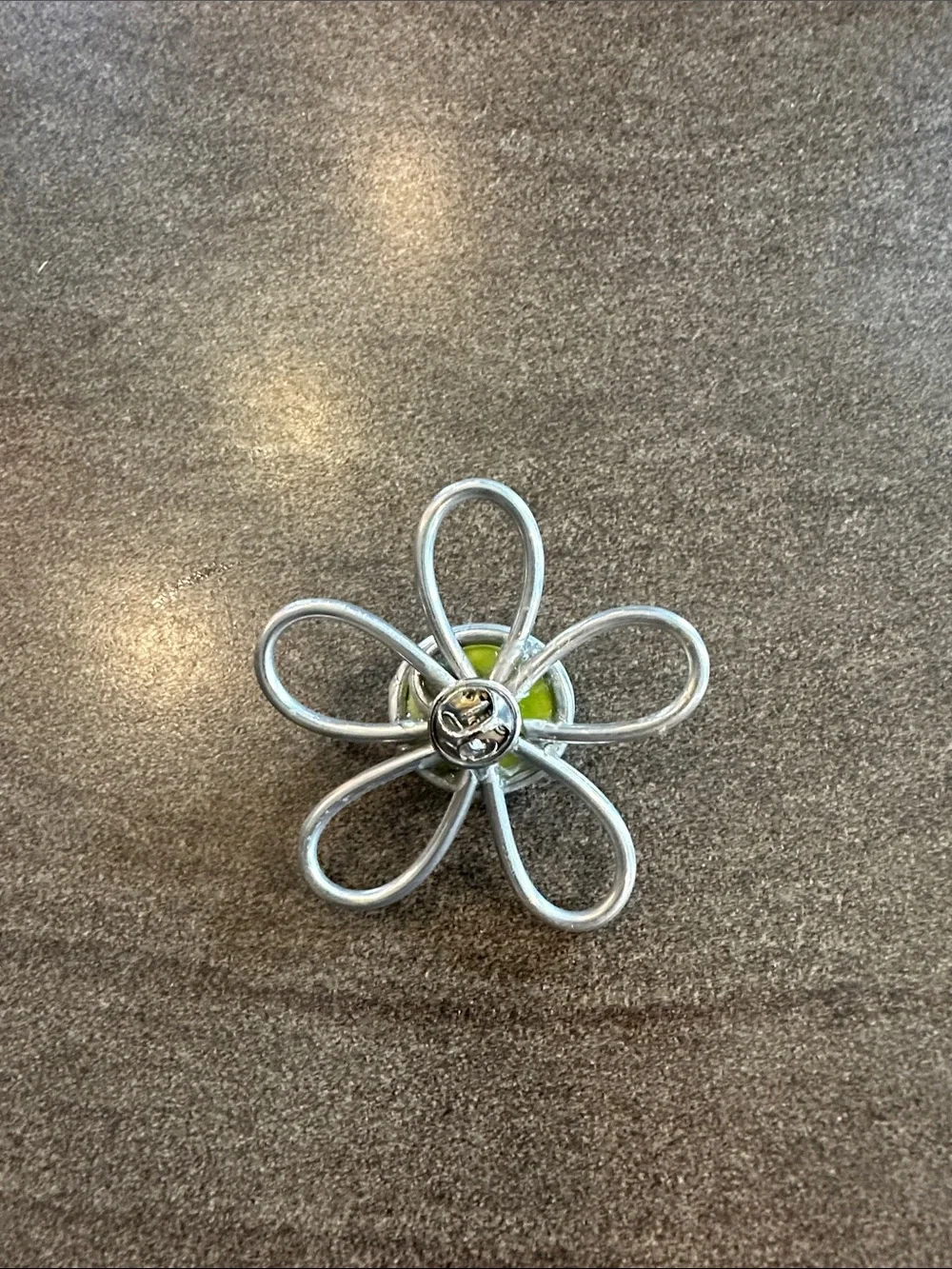 Silver Metal Flower Sculpture with Lime Green Center Broach